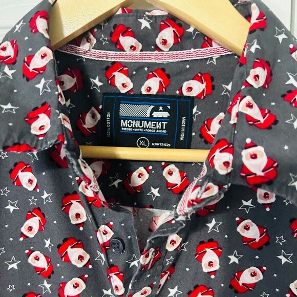 Men’s Monument Christmas Holiday Short Sleeve Santa Button Shirt XL Gray - Picture 2 of 4